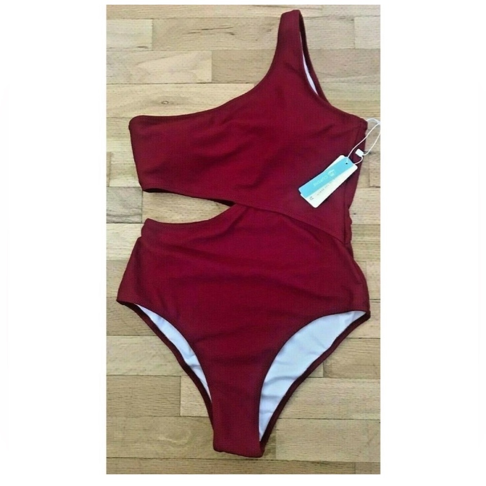 Cupshe Women's Large One Piece Swim Suit with Side Cutouts. Single Strap. Red